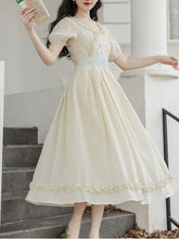 Load image into Gallery viewer, Apricot V Neck Floral Ruffles Princess Puff Sleeve Vintage Dress