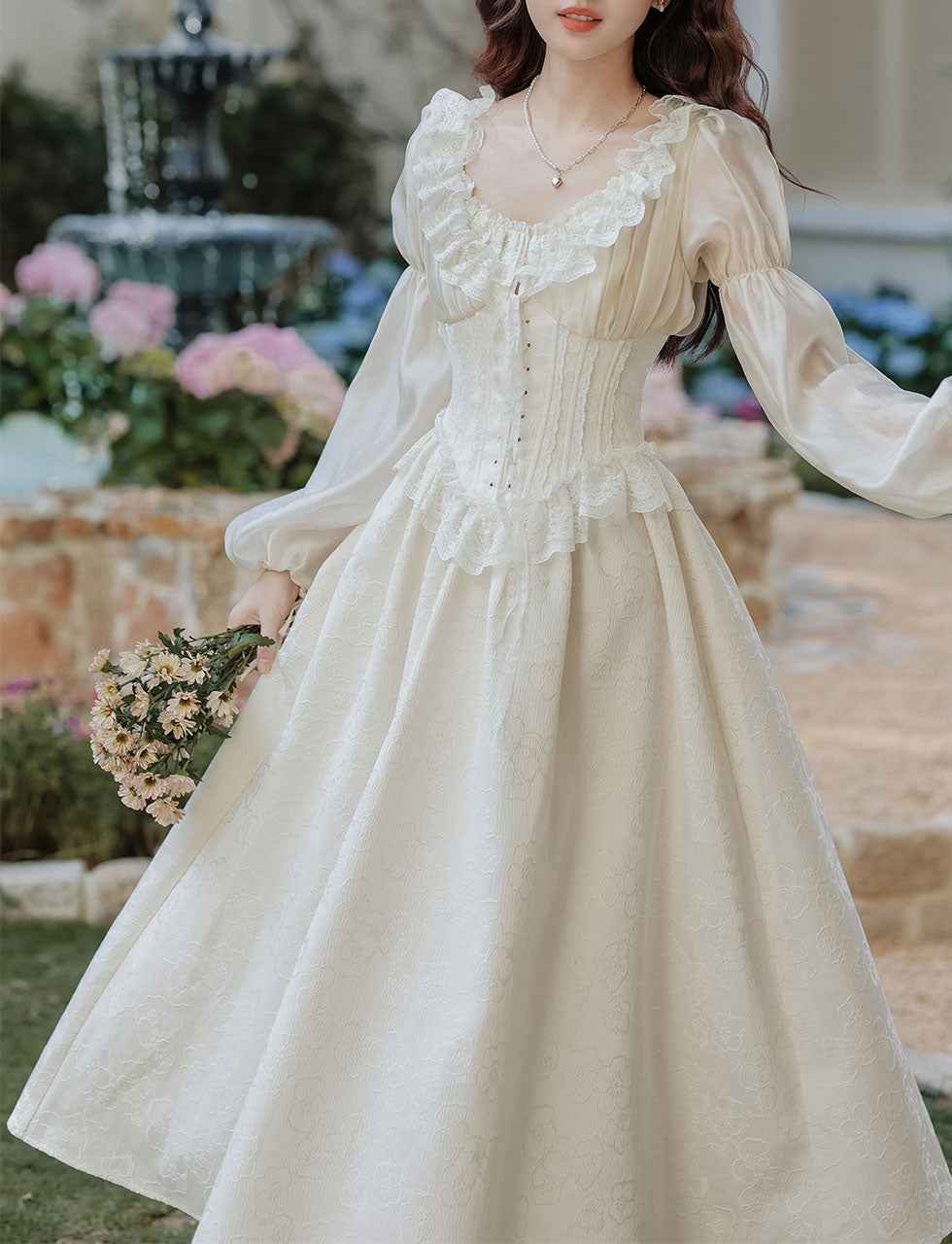 Sweet Victorian Ruffles Corset Long Sleeve Wedding Maxi Dress with Wedding Veil Apricot / L