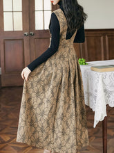 Load image into Gallery viewer, 2PS Black Sweater With Brown Floral Suspender Corduroy Dress