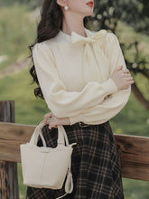 Load image into Gallery viewer, 2PS White Bow Knitted Sweater Top With Plaid Skirt Vintage 1950s Suits