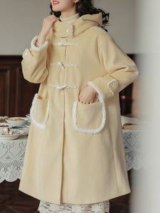 Yellow Hooded Horn Button Coat Women's Winter Coat