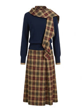 Load image into Gallery viewer, Vintage Tartan Plaid Scarf Patchwork Knit Sweater &amp; Long Skirt Two-Piece Set