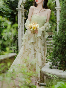 Green Bohemian Floral Print Chiffon Maxi Dress Prom Dress With Chiffon Cardigan