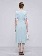 Load image into Gallery viewer, 1950s Light Blue Bow Tie-Neck Pleated Swing Dress