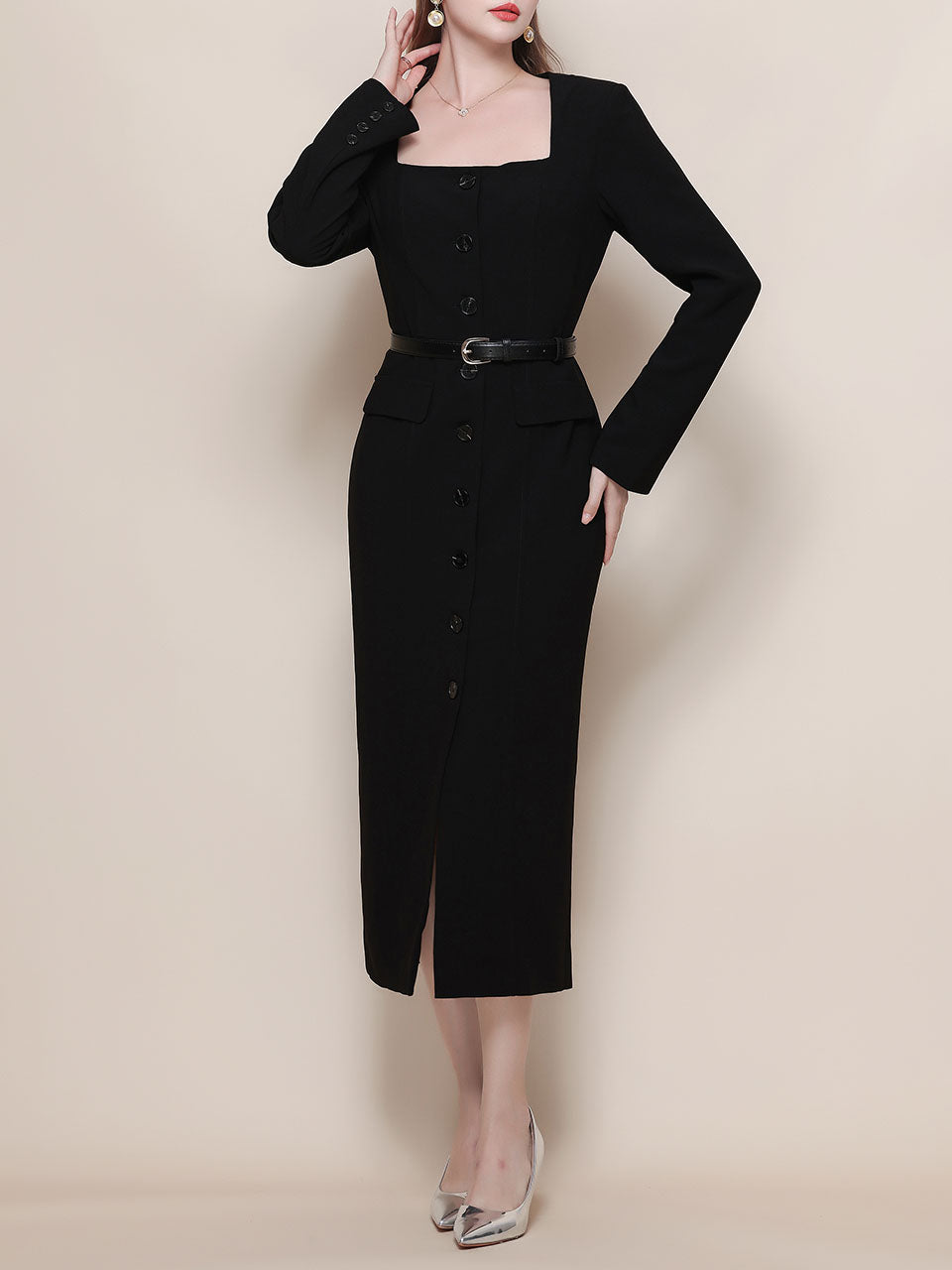Black Square Collar Long Sleeve Bodycon 1960S Dress, Black / M Black Square Collar Long Sleeve Bodycon 1960S Dress, Black / M