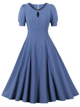 Load image into Gallery viewer, Blue Crew Neck Puff Sleeve 1950S Vintage Swing Dress