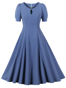 Blue Crew Neck Puff Sleeve 1950S Vintage Swing Dress