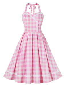 Pink And White Plaid Halter Sweet Heart Barbie Retro Dress