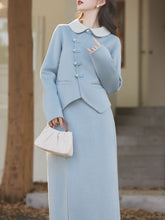 Load image into Gallery viewer, 2PS Light Blue Rounded Flat Long Sleeve Wool Coat With Skirt Suit