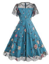 Load image into Gallery viewer, Lake Blue Semi Mesh Rose Embroidered Short Sleeve 50S Swing Dress