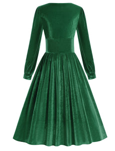 Christmas Green Square Collar Long Sleeve Velvet 1950S Vintage Swing Dress