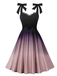 Pink Gradient Color Strap Lace 1950s Vintage Swing Dress