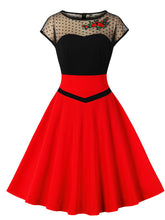 Load image into Gallery viewer, Black and Red Semi Sheer Lace Cap Sleeve 1950S Vintage Dress