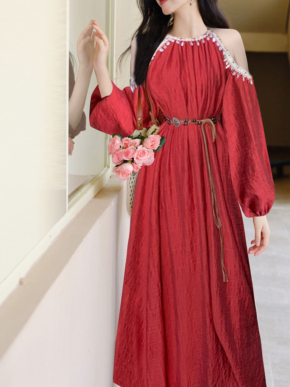 chinese dress ladies Wine Red 3/4 Sleeve Boat Neck Audrey Hepburn Style 50s Swing Dress – Pretty  Kitty Fashion