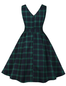 Emerald Green Plaid V Neck 1950s Swing Dress With Belt