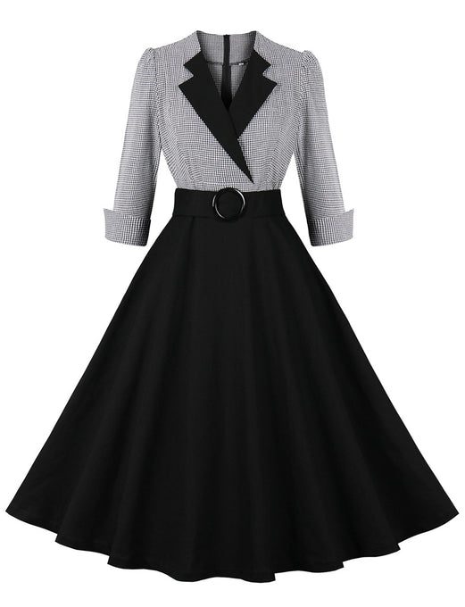1950s Black V Neck Plaid 3/4 Sleeve Vintage Swing Dress With Belt
