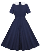 Load image into Gallery viewer, Navy Peter Pan Collar 1950s Vintage Swing Dress With Belt