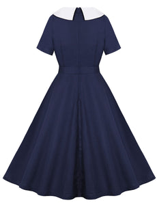 Navy Peter Pan Collar 1950s Vintage Swing Dress With Belt