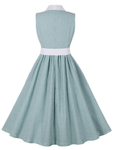 Green Houndstooth Plaid V Neck 1950s Swing Dress With Belt