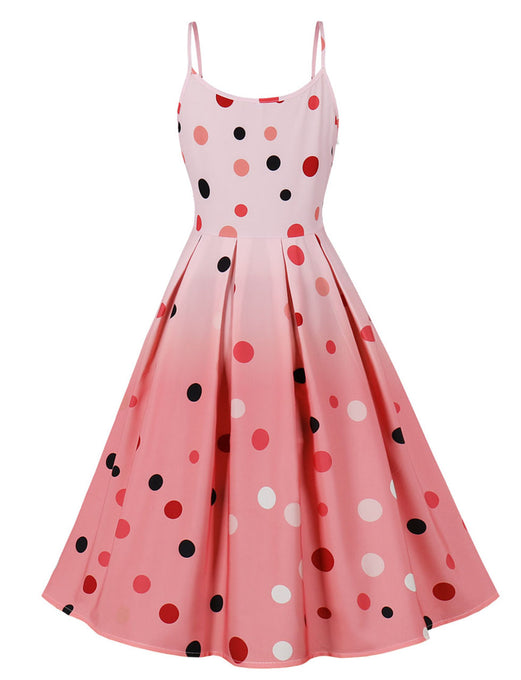 Pink Spaghetti Strap Polka Dots Macaron Color 1950S Dress