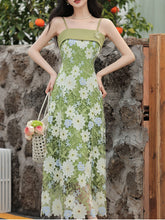 Load image into Gallery viewer, 1940S Green Lace Embroidered Spaghetti Strap Vintage Dress