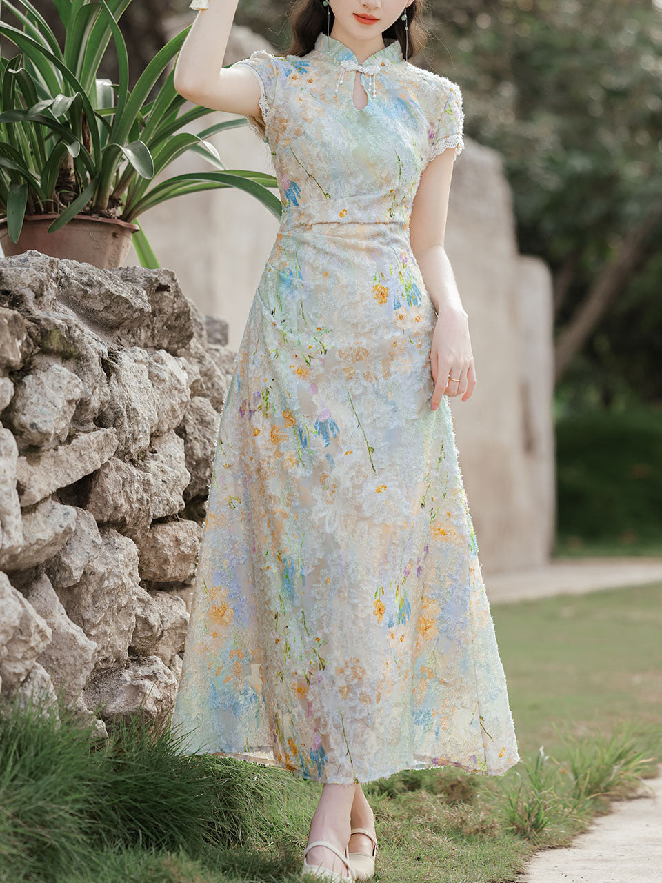 Light Green Burnout Print Cap Sleeve Cheongsam Dress, Light Green / M