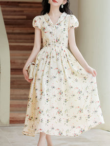 Apricot V Neck Floral Ruffles Cottagecore Puff Sleeve Vintage Dress