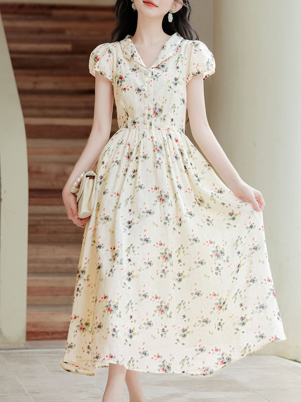 Apricot V Neck Floral Ruffles Cottagecore Puff Sleeve Vintage Dress