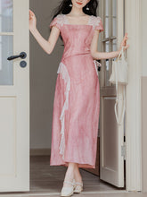 Load image into Gallery viewer, Pink Square Collar Lace Puff Sleeve Vintage Dress