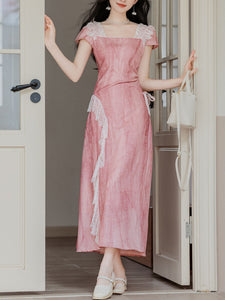 Pink Square Collar Lace Puff Sleeve Vintage Dress