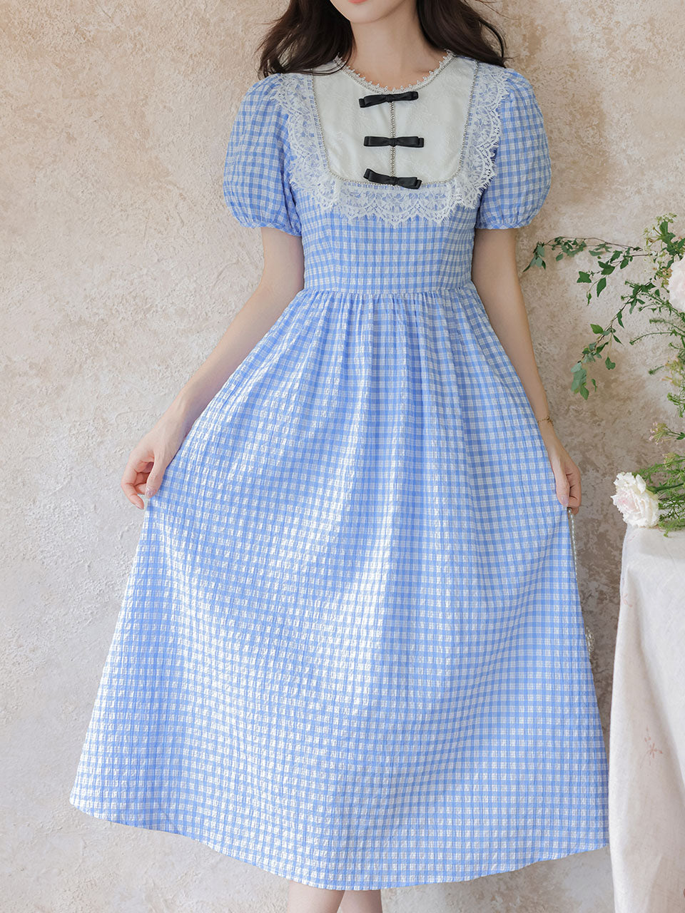 Blue Plaid Bow Lace Collar 1950S Vintage Cottagecore Dress, Blue / S