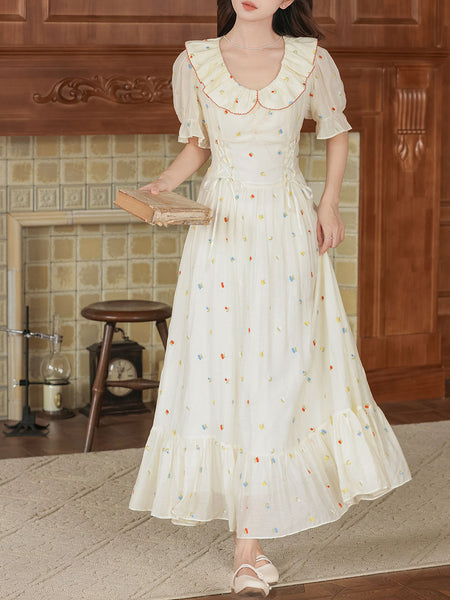 White Peter Pan Collar 1950S Vintage Cotton Dress, White / S