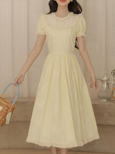 Load image into Gallery viewer, Retro Yellow Puff-Sleeve Dress with Lace Edging