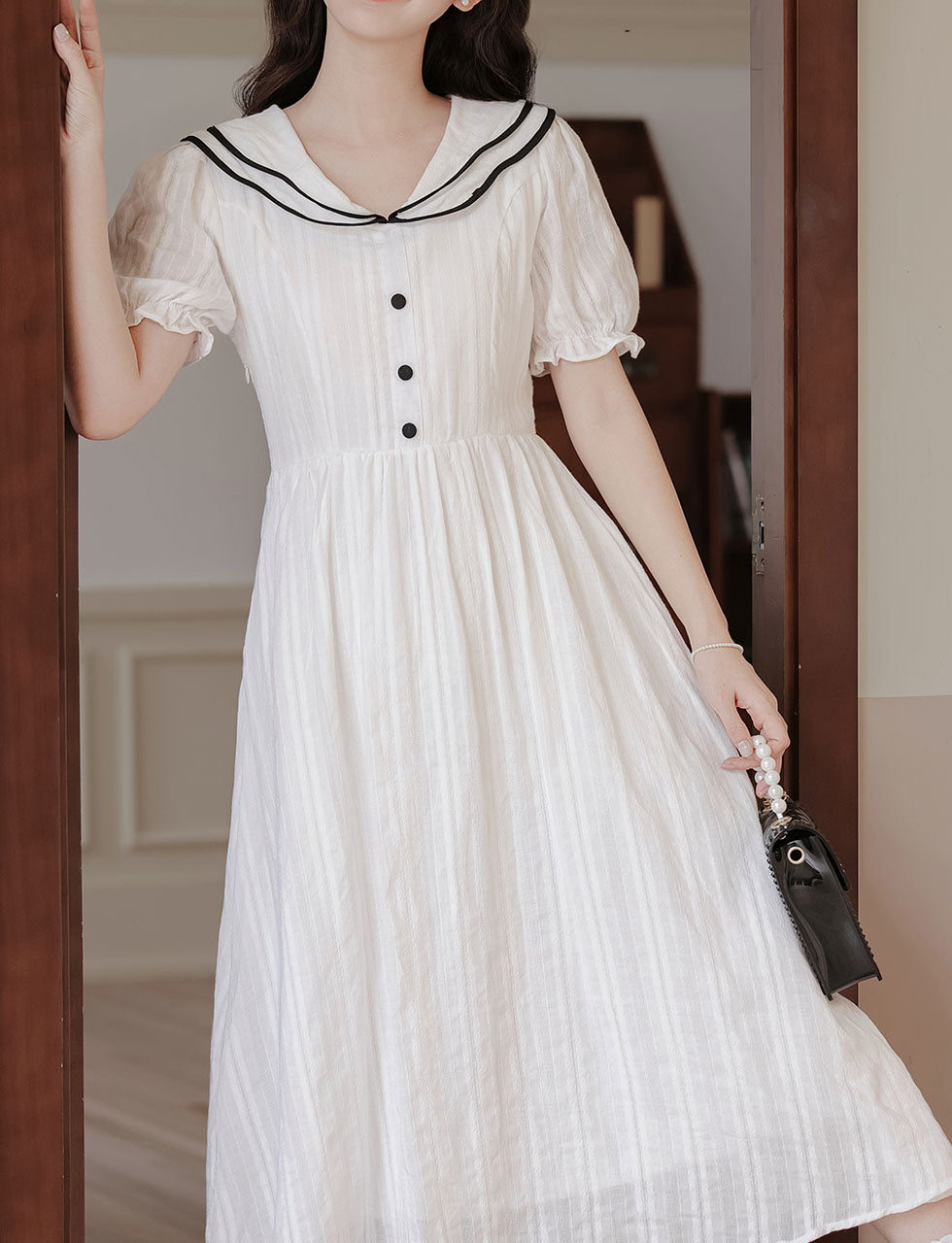 White Sailor Style 1950S Vintage Cotton Dress, White / XS White Sailor Style 1950S Vintage Cotton Dress, White / XS
