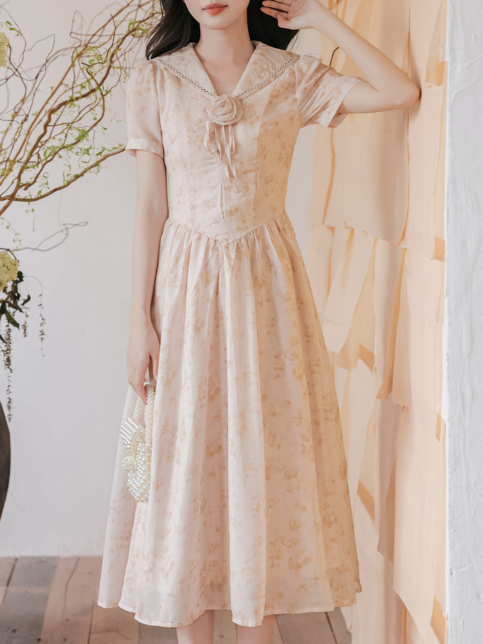 sailor vintage dress Japanese Style Sailor Dress Navy Sailor Dress Body Measurements Apricot Sailor Collar Handmade Rosettes