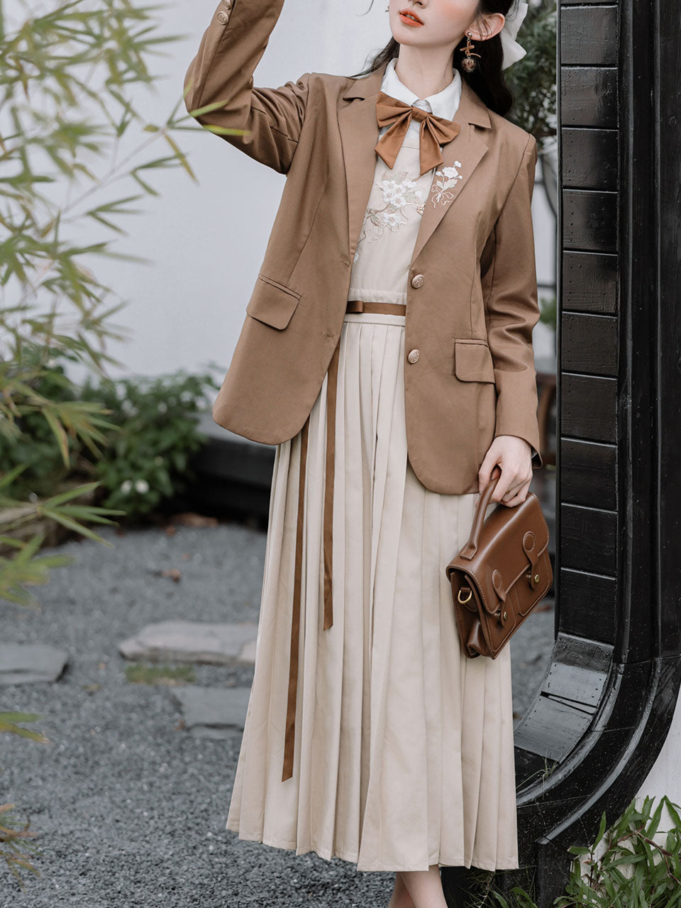 3 Piece Brown Retro Suspender Dress with Apricot Shirt Blazer Suit Jolly Vintage 3 Piece Brown Retro Suspender Dress with Apricot Shirt Blazer Suit Jolly Vintage