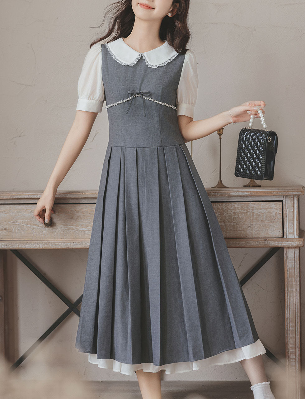 Grey Peter Pan Collar Preppy Style Pleated Dress, Grey / S Grey Peter Pan Collar Preppy Style Pleated Dress, Grey / S