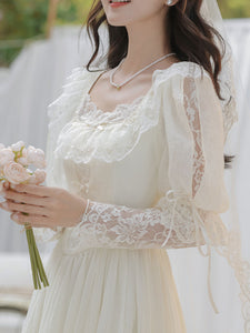 Sweet Victorian Lace Square Collar Corset Short Sleeve Wedding Mini Dress