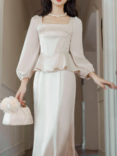 Load image into Gallery viewer, White Long Sleeve Wasp Waist Fake Two-piece Silk 1950S Vintage Wedding Dress