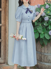 Load image into Gallery viewer, Blue Peter Pan Collar Puff Sleeve Fall 1950S Flower Vintage Dress
