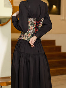 2PS Black Long Sleeve Ruffles Cottagecore Dress With Rose Vest Suits Jolly Vintage 2PS Black Long Sleeve Ruffles Cottagecore Dress With Rose Vest Suits Jolly Vintage