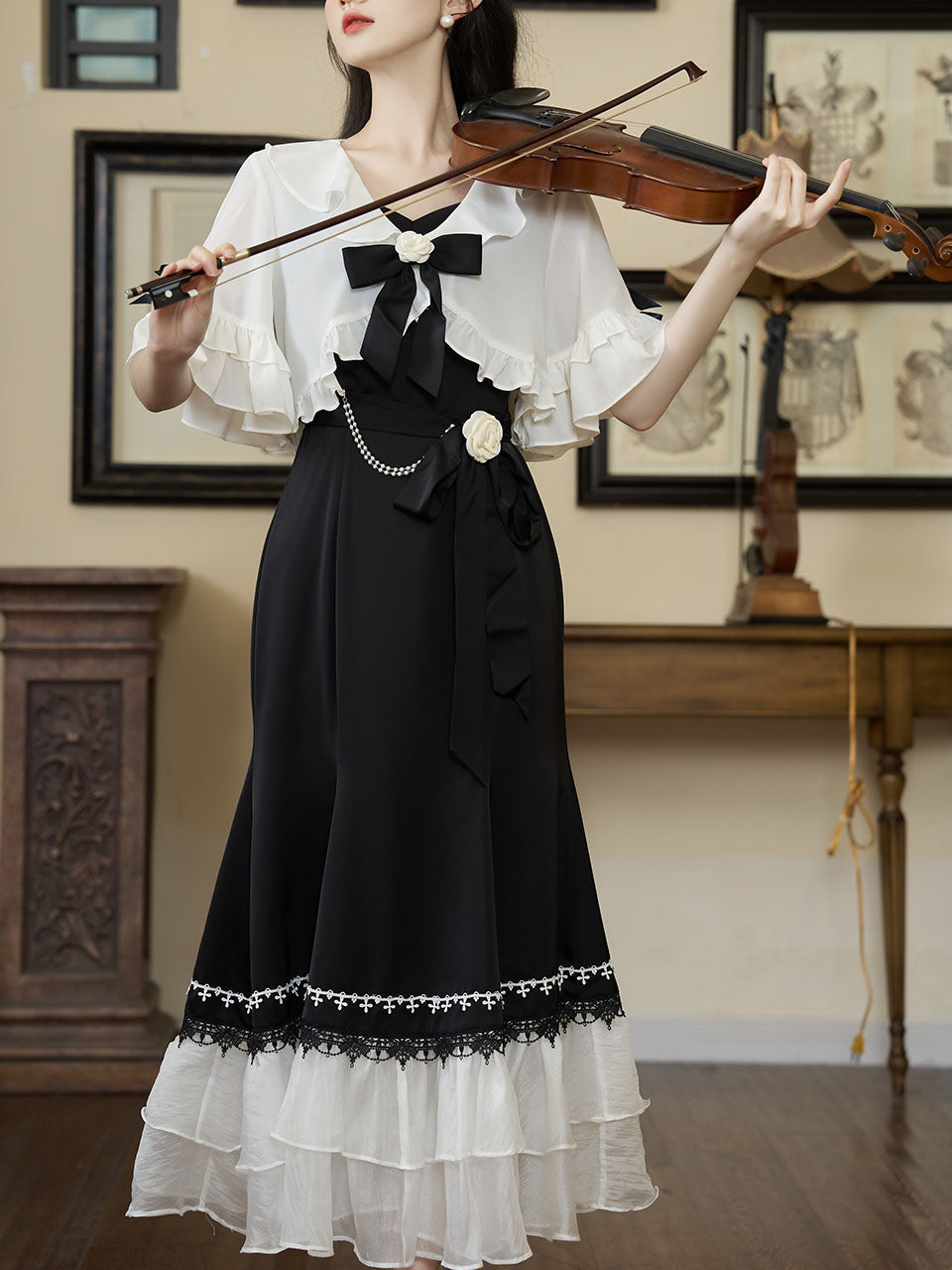 2PS Black Ballet Spaghetti Strap 1950S Vintage Little Black Dress With White Long Sleeve Ruffles Coat, Black / S