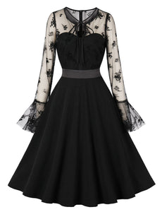 Black Semi Sheer Flower Embroidered 1950s Vintage Dress