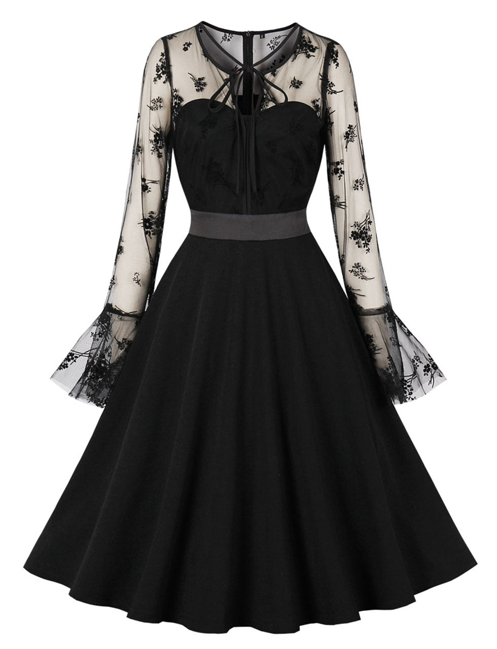 Black Semi Sheer Flower Embroidered 1950s Vintage Dress