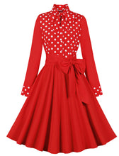 Load image into Gallery viewer, Minnie 1950s Bow Collar Polka Dot Long Sleeve Vintage Swing Dress