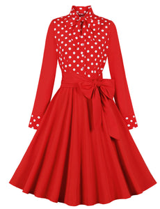 Minnie 1950s Bow Collar Polka Dot Long Sleeve Vintage Swing Dress