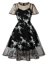 Load image into Gallery viewer, Black Semi Sheer Butterfly Lace Embroidered 1950S Vintage Dress