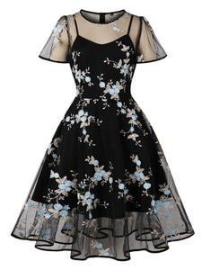Black Semi Sheer Butterfly Lace Embroidered 1950S Vintage Dress