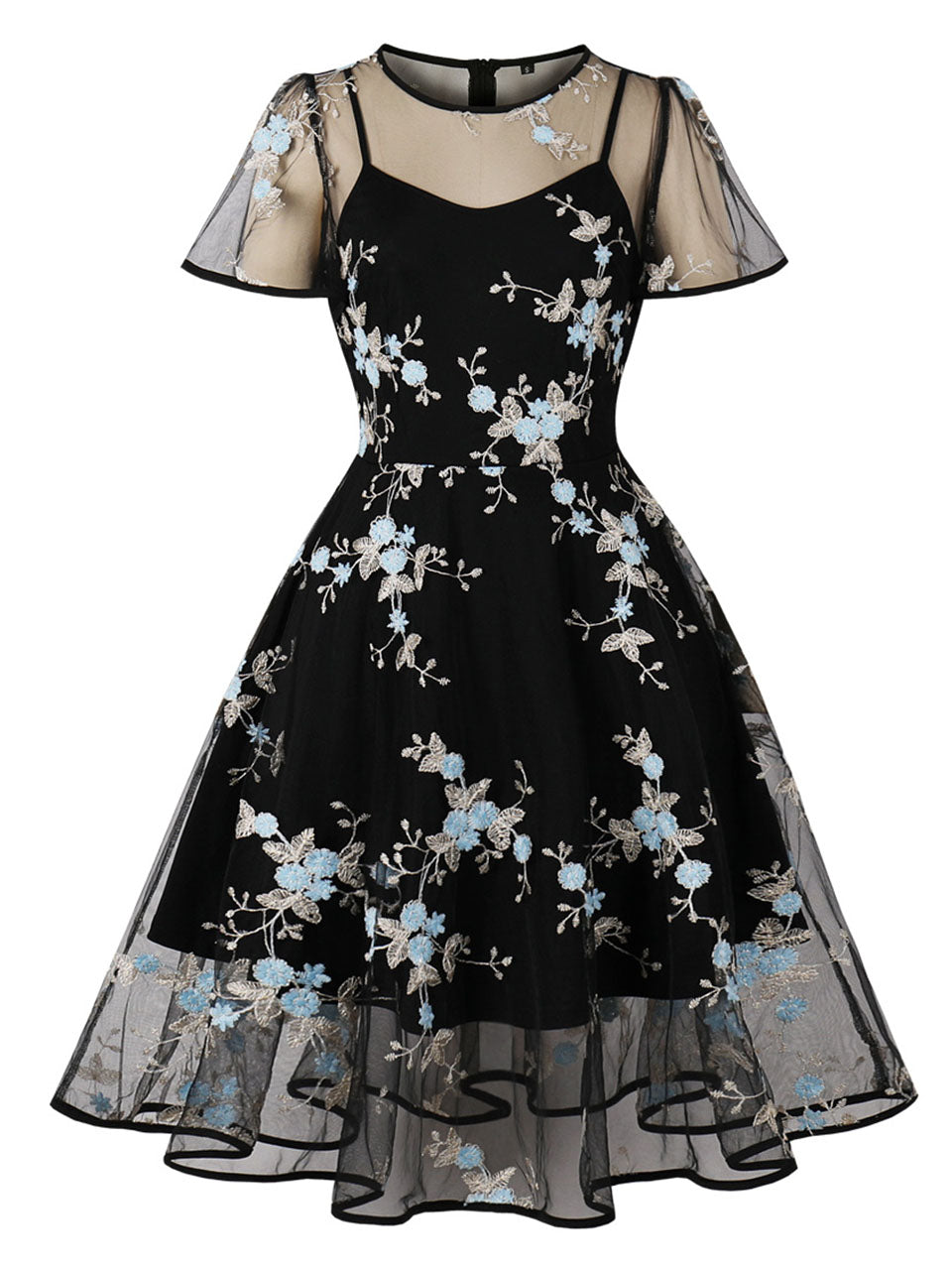 Black Semi Sheer Butterfly Lace Embroidered 1950S Vintage Dress
