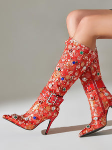 10CM Red Luxury Embroidered Stiletto Heel Boots Vintage Shoes